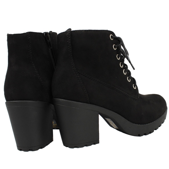 Black Lace Up Faux Suede Lug Heel Ankle Boot - Picture 4 of 7